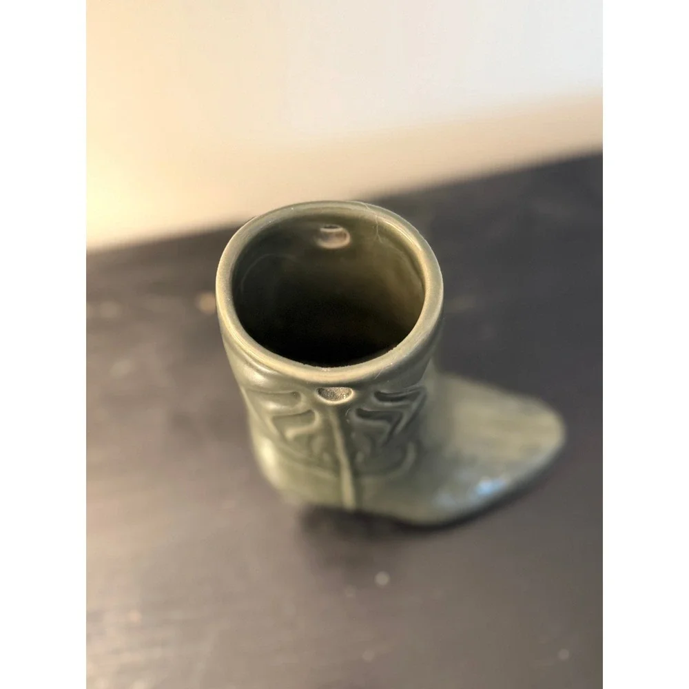 Vintage Ceramic Cowboy Boot Vase Sage Green Western Southwestern Decor